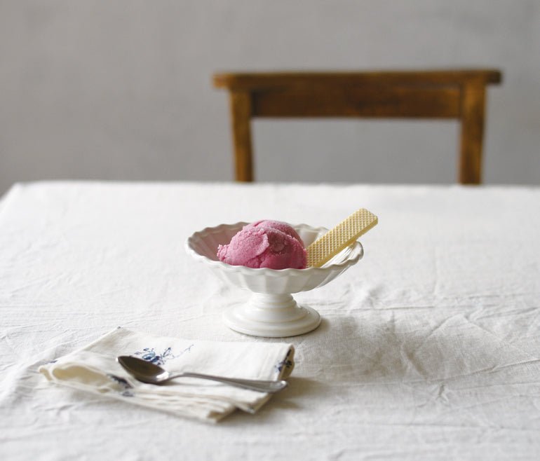 white epanoui dish with icecream