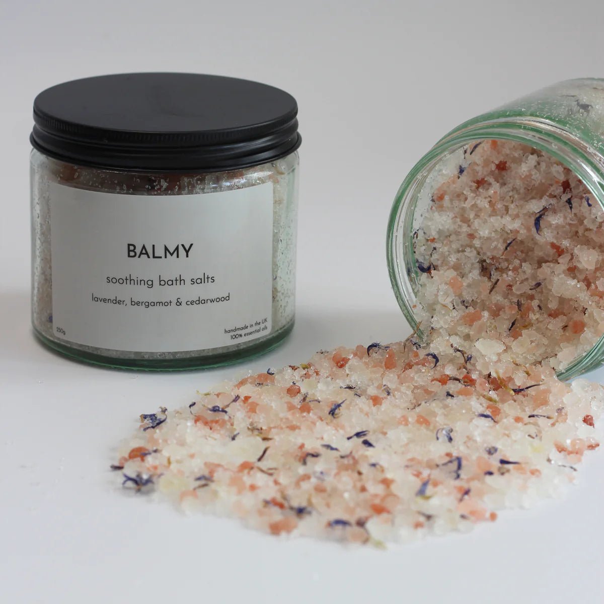 soothing bath salts jar and salts spilled out