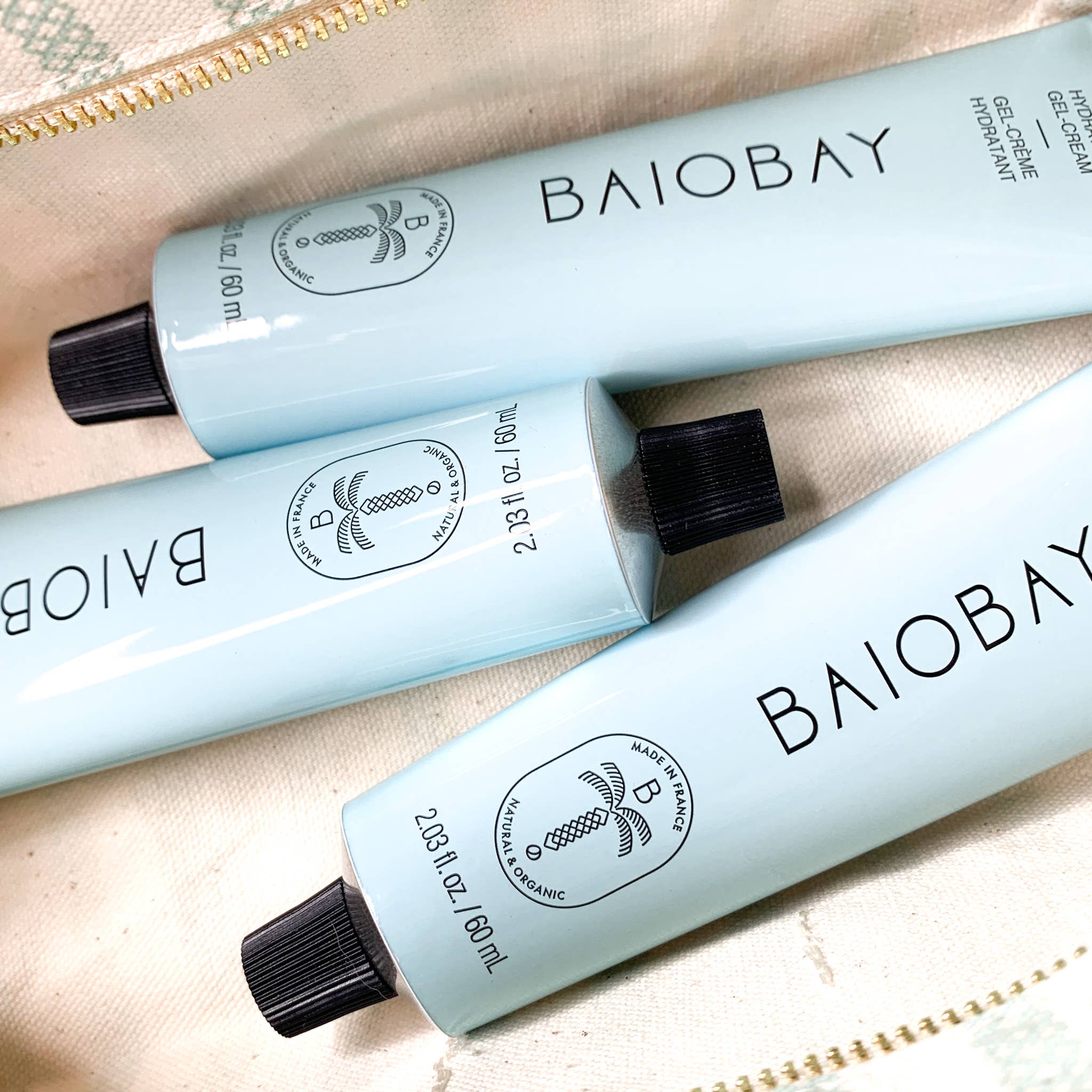 3 baiobay hydrating gel creams in a cosmetic bag